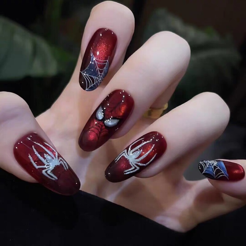 2026 New Style Spicy Girl Spider-Man Cat-Eye Dazzling White Handmade Nail Art Wearable Nails Pure Handmade with a Sense of Atmosphere