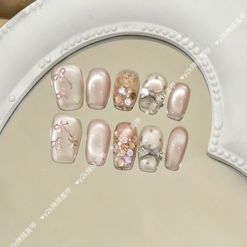 Purely Handmade Wearable Nail Art, Rose Gold Bow, Cat Eye, High-End Elegant, Whitening, Socialite Style Fake Nail Patches