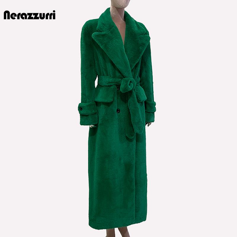 Purple Furry Eco-Friendly Faux Fur Coat for Women, Extra Long Double-Breasted Loose Green Faux Rabbit Fur Coat for Women