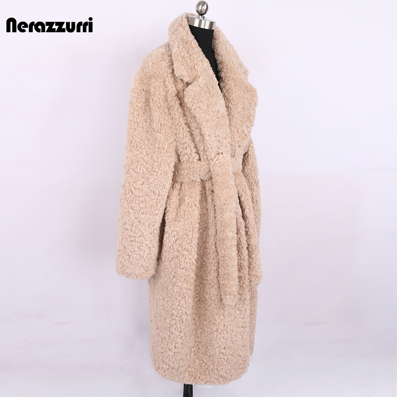 Nerazzurri Loose Faux Curly Fur Coat for Women, Long Style Without Buttons, with Belt, Eco-Friendly Fur Coat