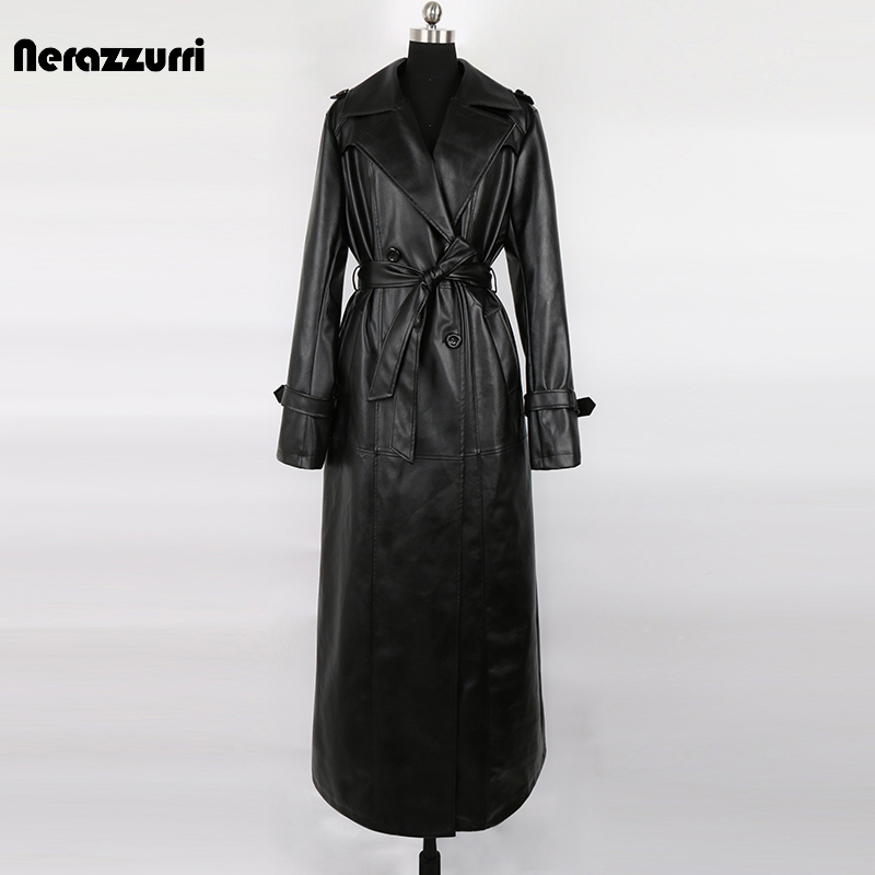 Nerazzurri Black Leather Trench Coat 1.4m Extra-Long European Style Pu Leather Jacket Women's Plus Size Leather Coat