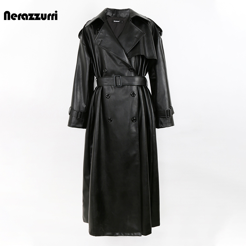 nerazzurri black Oversize leather windcoat woman long style belt double-row buckle loose pu leather coat-Taobao