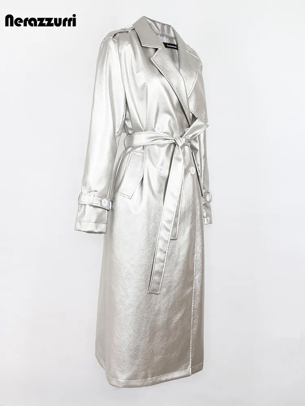 Nerazzurri Black Leather Trench Coat for Women, Long Double-Breasted Lace-Up Silver Pu Leather Coat for Women