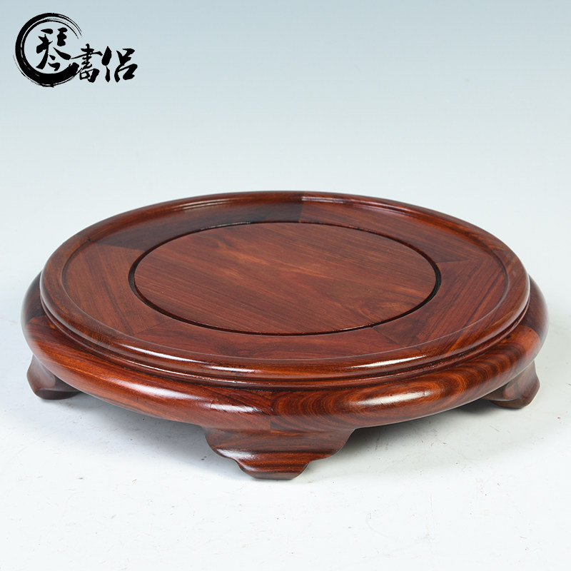 Red sandalwood carved round base Mahogany vase base Solid wood Buddha statue flower pot Jing Qishi ornaments base