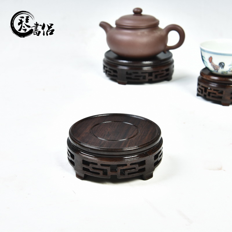 Red Wood Base Solid Wood Chicken Wings Wood Back Tattooed Base Purple Sand Pot Vase Chiishi Bonsai Imitation Ancient Round Base