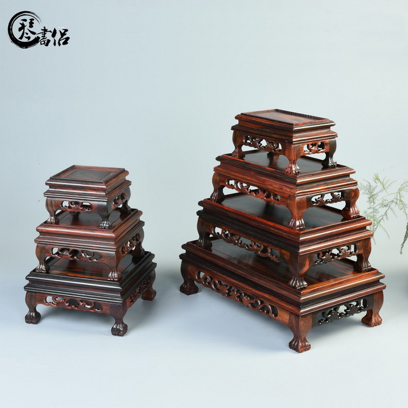 Antique handicraft mahogany base living flower glass cover figure of Buddha treasure cage base display box dust cover