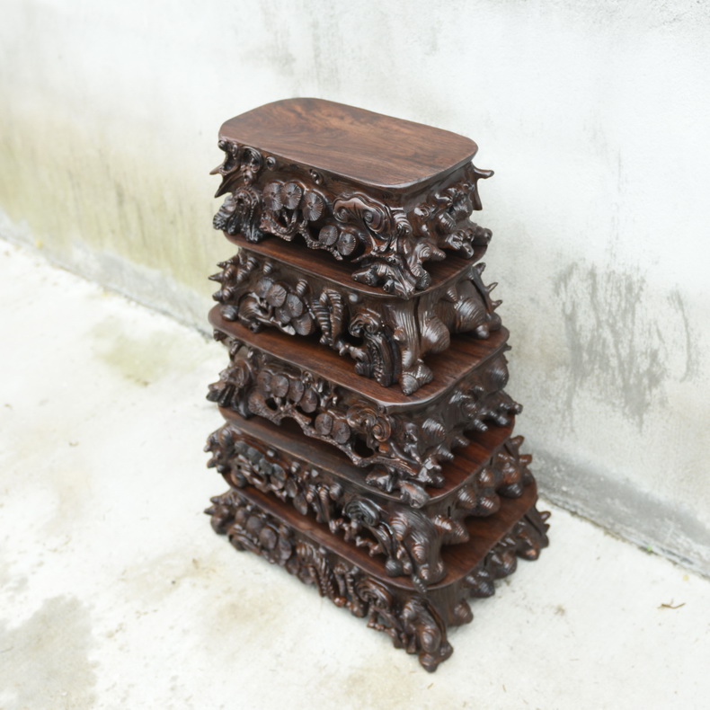 Ebony woodcarvings base stone base solid wood excavated rectangular oval jade stone base of Buddha furnishing articles base