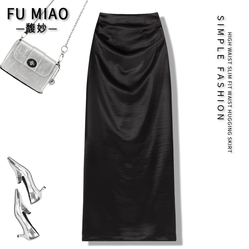 Black Gilt Satin High-Waisted A-Line Skirt for Women 2026 Summer New Slimming Pleated Straight Long Skirt for Work Wear Black Gilt Satin High-Waisted A-Line Skirt for Women 2026 Summer New Slimming Pleated Straight Long Skirt for Work Wear