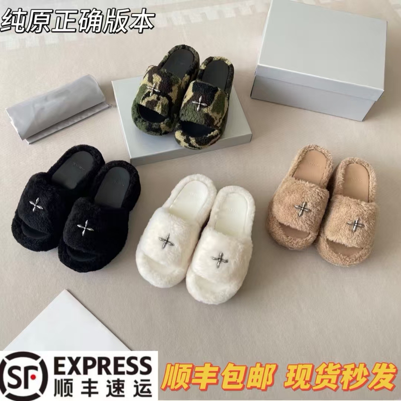 Cross-Shaped Sfk 8.5cm High-Heeled Wool Slippers for Petite Women, Thick-Soled Height-Increasing Wool Platform Wedge Slippers, Statue-Style One-Strap Slippers for Women