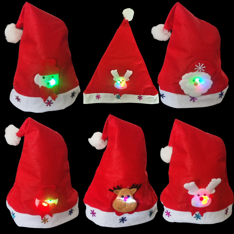 Cartoon Christmas Cap Adult Glass Paste Cap with Lights Christmas Cap Red Hat Manufacturer Direct Selling