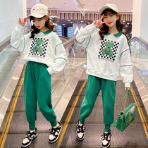 2022 Spring New Girls Suits Spring Clothes Big Boys Korean Version Bear Plaid Sweater Trousers Western Style Two-piece Set