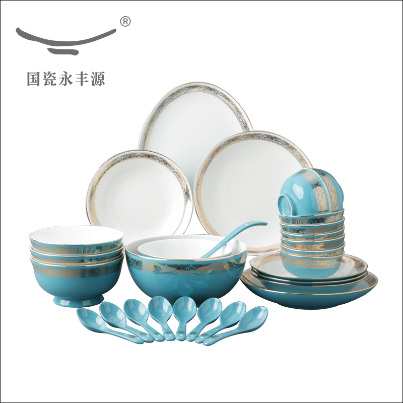 The porcelain yongfeng source of blue 29 first 50 ceramic tableware bowls plates of a complete set of spoon head suit 8 people set meal
