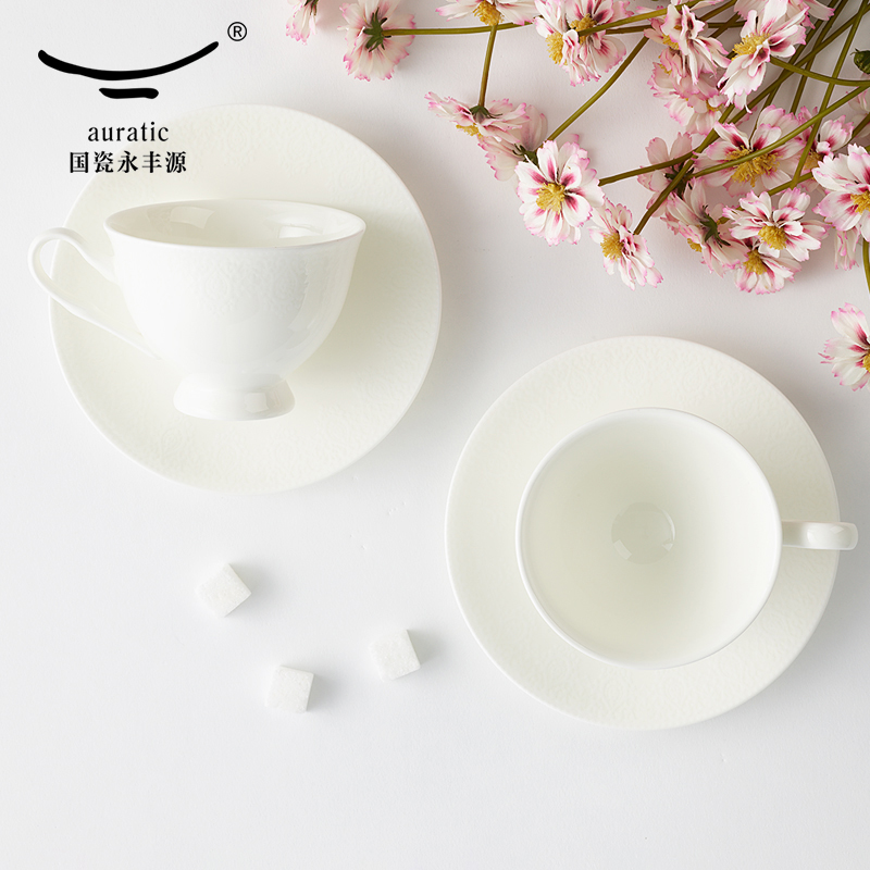 The poet delicate porcelain yongfeng source white ceramic coffee cups and saucers relief printing glass cup for cup mark