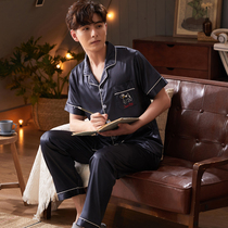 Summer pajamas mens thin ice silk short sleeve shorts mens plus size home clothes summer simulation silk set