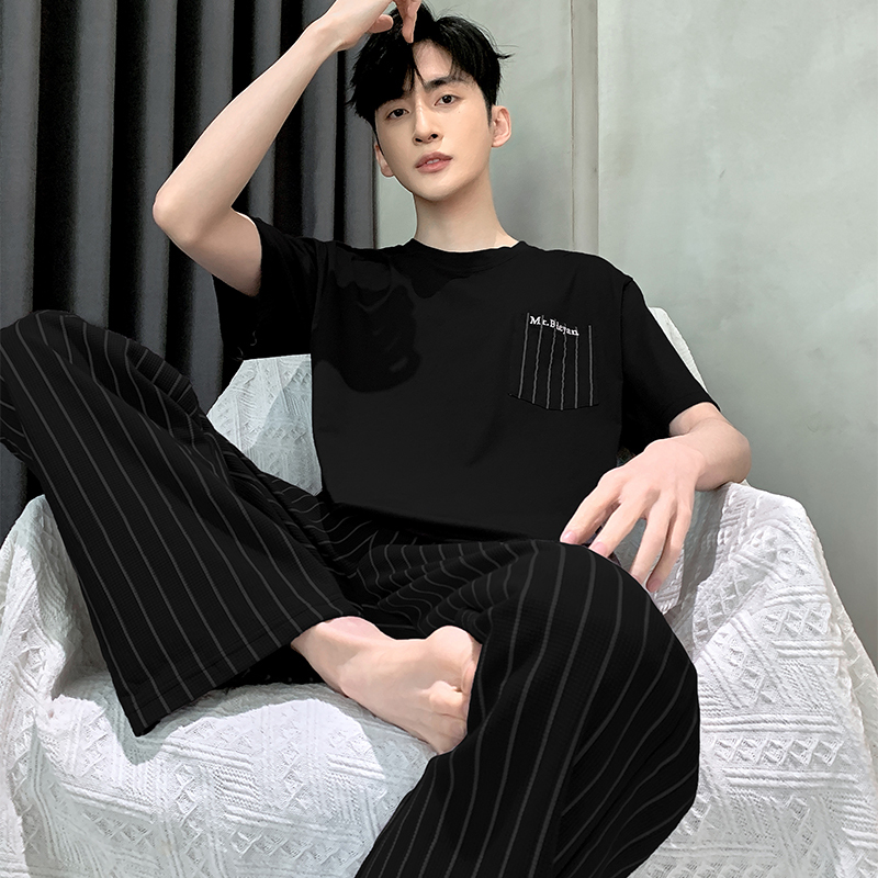 2026 Men's Summer Pajamas Modal Short-Sleeved Long Pants Black Striped Can Be Worn Outside Loungewear Men's Set