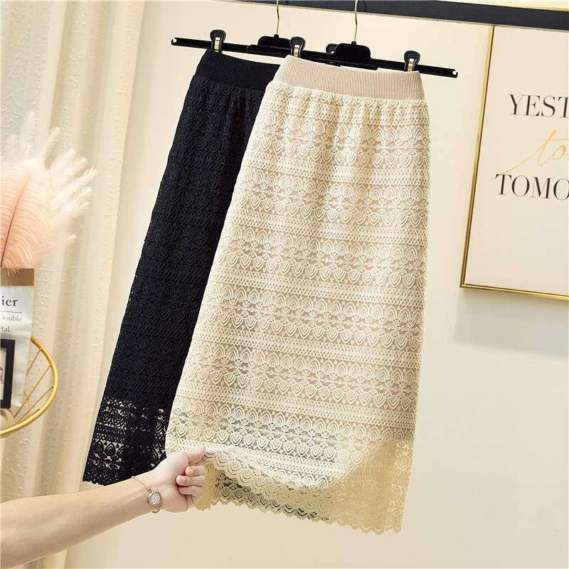 Knitted Half-Skirt Women's Mid-length Fall/Winter 2021 High Waist Two-sided Lace A-line Skirt One-step Skirt