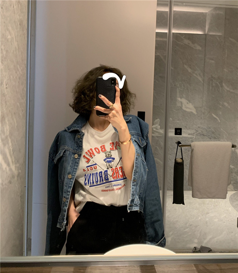 East version 2021 spring and summer new cute printed cartoon bear short sleeve white cotton jacket T-shirt women