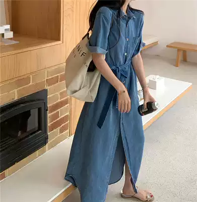 2021 summer silk denim dress Korean version leisure lazy wind Korean version thin belt long French female