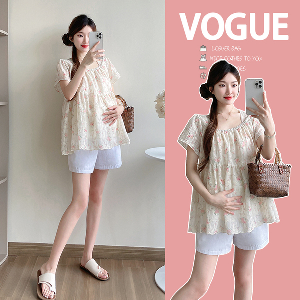 Maternity Wear Summer New Style Fresh and Sweet Square-Neck Embroidered Floral Loose Babydoll Shirt Short-Sleeve Top for Pregnant Women Trendy — 3
