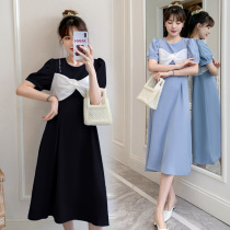 Pregnancy maternity dress Summer new loose Loose Fashion Net Red Bow Tie in Long Pregnant Woman Dress Short Sleeve Skirt