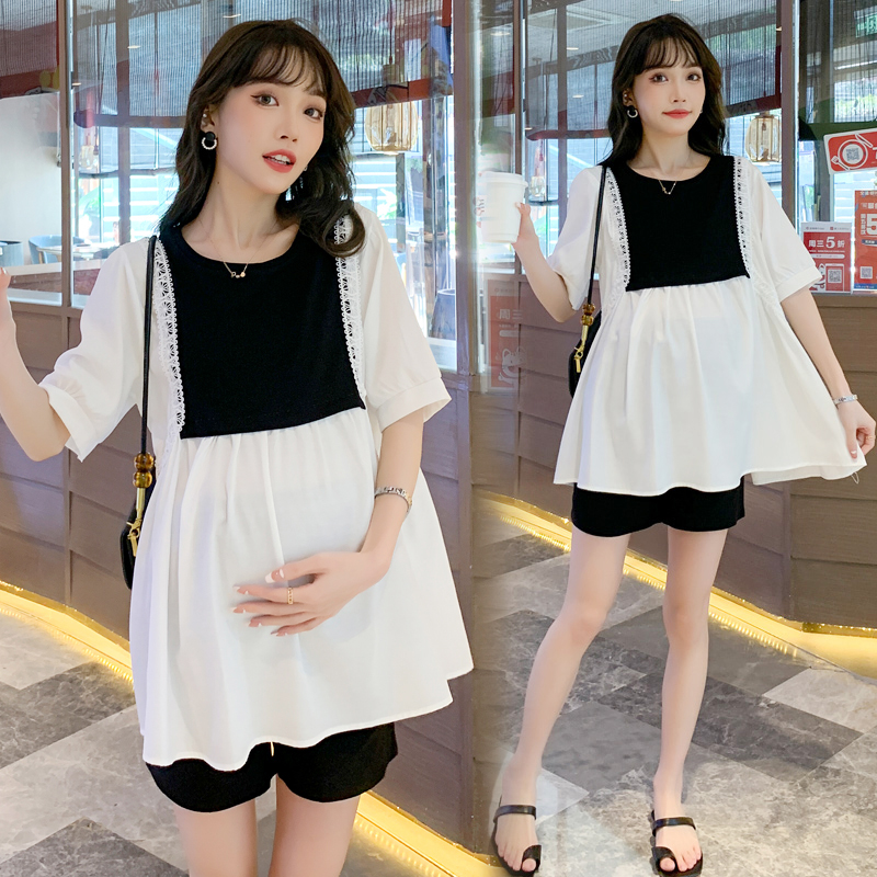 Maternity suits summer go out fashion models summer stitching temperament loose doll shirt top belly shorts tide mom