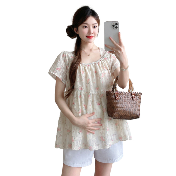Maternity Wear Summer New Style Fresh and Sweet Square-Neck Embroidered Floral Loose Babydoll Shirt Short-Sleeve Top for Pregnant Women Trendy — 5