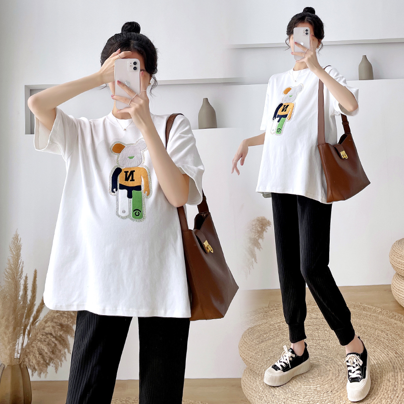 Pregnant women short-sleeved T-shirt women's summer fashion Korean version of the tide mom summer maternity clothes large size mid-length top two-piece set