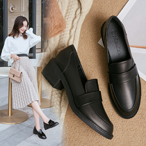  Tide brand leather medium thick heel shoes womens 2021 autumn new British all-match square head loafers work small leather shoes