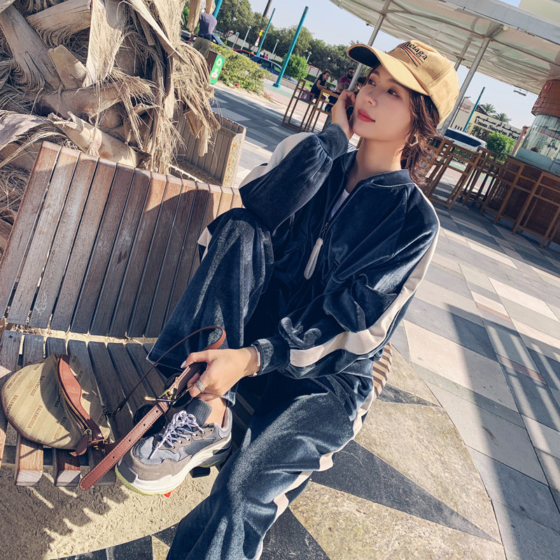 Tide Card Casual Sports Suit Women Spring Autumn Dress New Velvet Parquet Color Long Sleeve Gold Velvet Fashion Two Sets Women