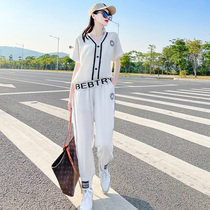 Tide brand 2021 new running sportswear leisure suit womens summer thin section age-reducing Western style fashion two-piece suit