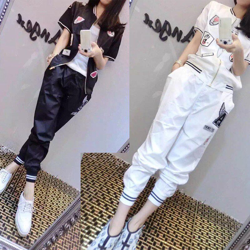 Hong Kong 2020 Summer New Fashion Casual Hyperfire Sports Short Sleeve Jacket Kharen Pants Slim Two-piece Suit Woman