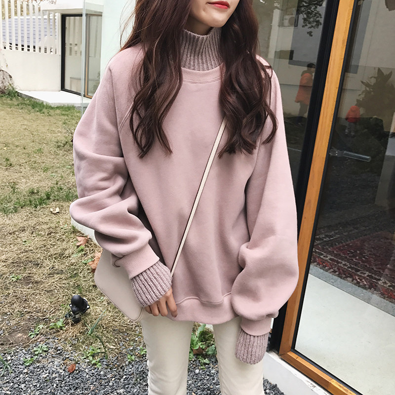 Hong Kong 2019 Korean version of the new high collar fake two plus suede thickened sleeve head casual blouses female autumn student winter sweater