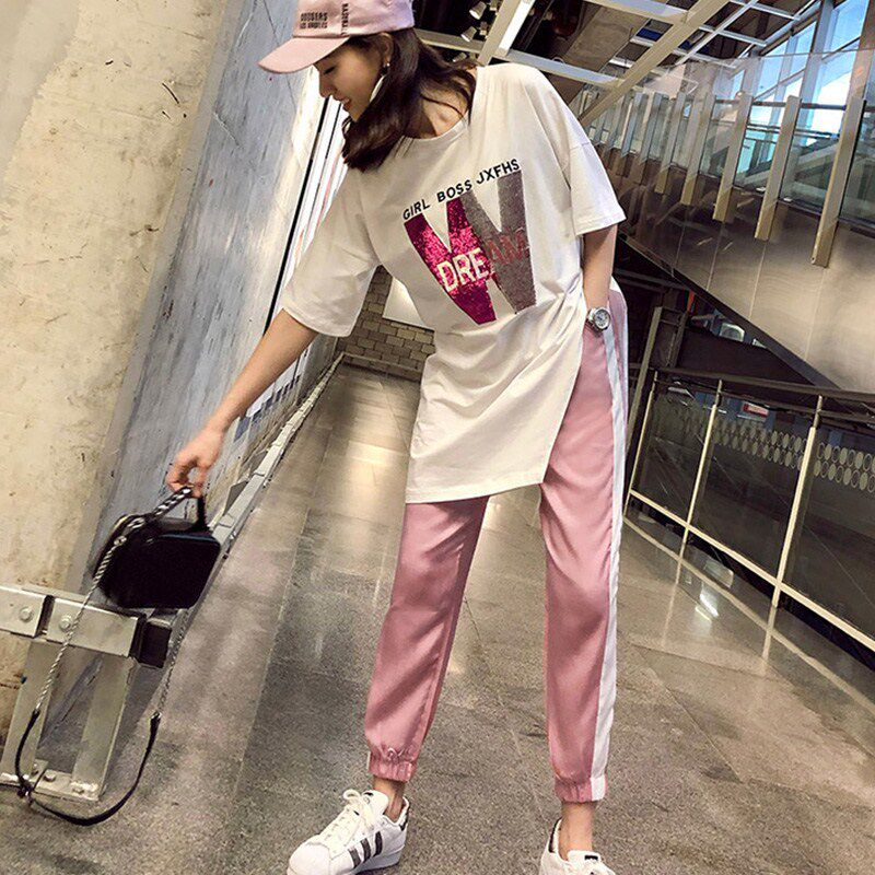 Tide brand 2021 loose half sleeve pants bf wind cotton set female summer new Korean fashion students two-piece set
