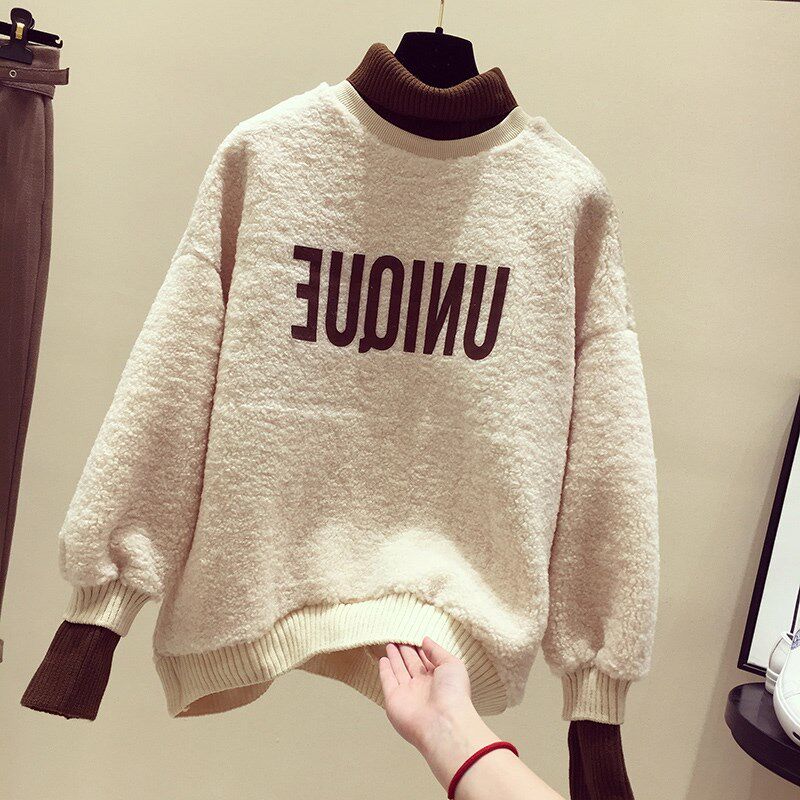 Tide card 2021 autumn winter style high collar cover head casual blouse fake two women wool lamb plus suede thickened Korean version loose jacket