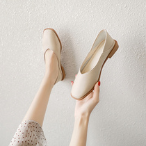  Tide brand square head leather single shoes womens autumn 2021 new soft-soled all-match gentle shoes flat-bottomed pregnant women grandma shoes