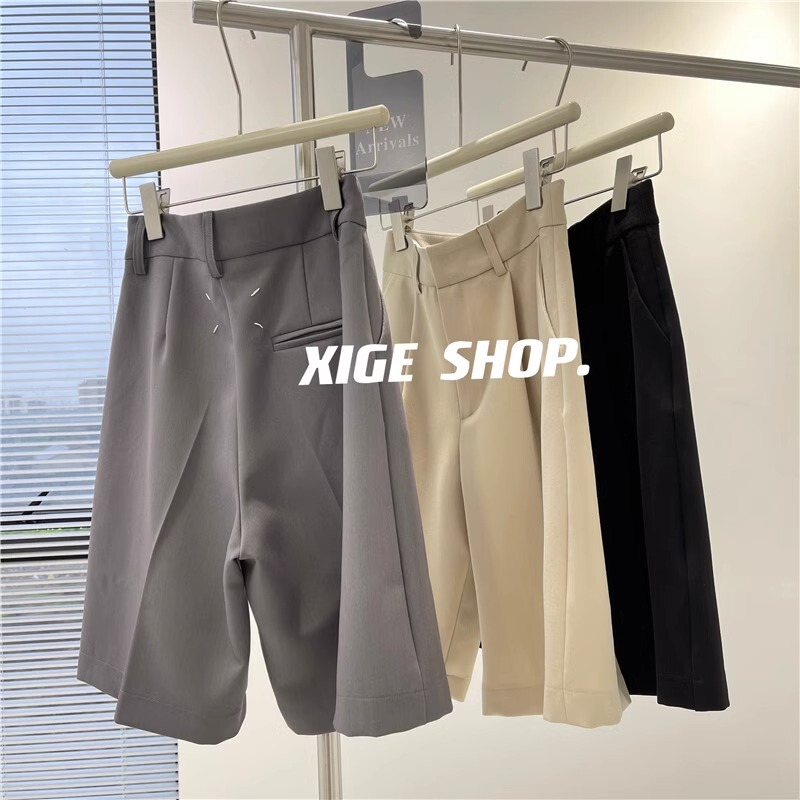 Extra Large Size 150kg Casual Suit Shorts for Women, Summer Retro Hong Kong Style High-Waisted Loose Versatile Wide-Leg Knee-Length Shorts