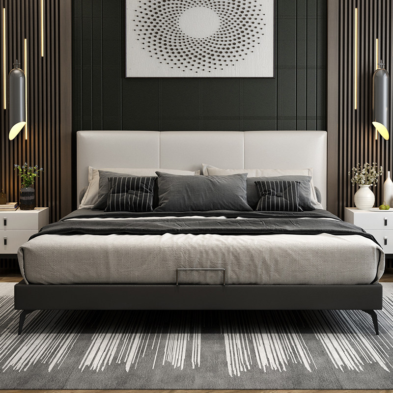 Nordic Master Bedroom Modern Minima Small Household Genuine Leather Bed Thin Bedside Double Man Bed Wedding Bedside Calf Leather High Foot Leather Bed