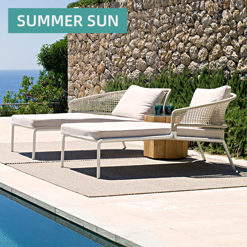 Outdoor recliner beach pool deck chair Balcony Outdoor Open Courtyard Villa lounge Bed Rattan softly furnished casual rattan chair