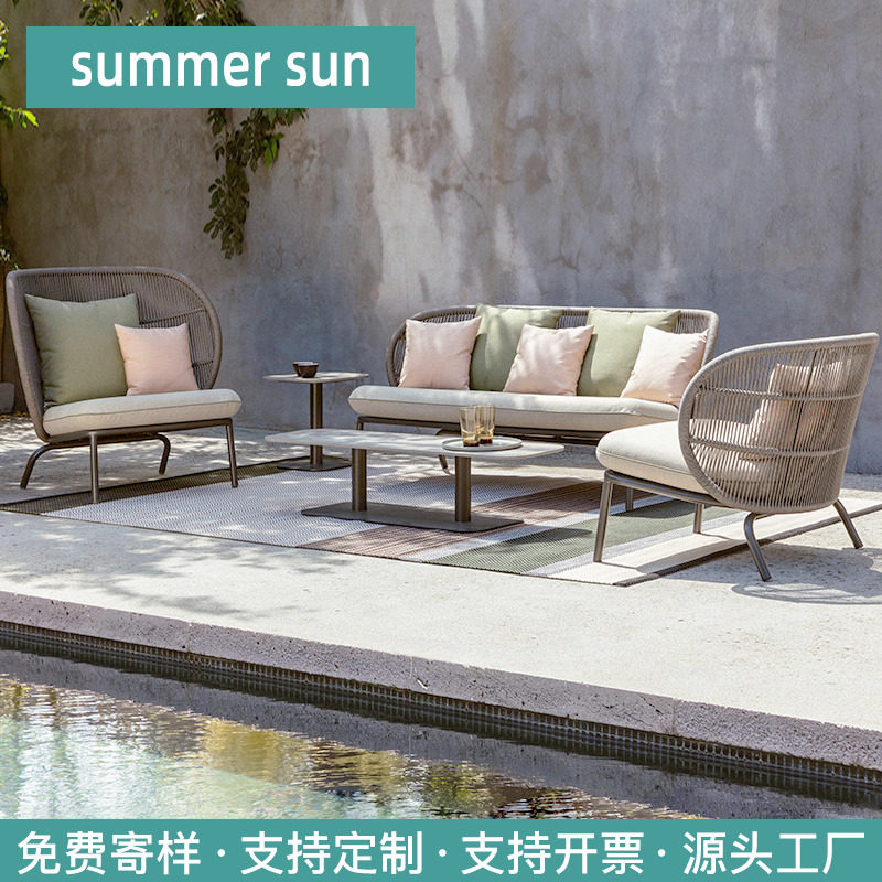 Nordic Outdoor Rattan Sofa Garden Balcony Outdoor Waterproof Leisure Chair Designer Furniture Rattan Chair Coffee Table Combination