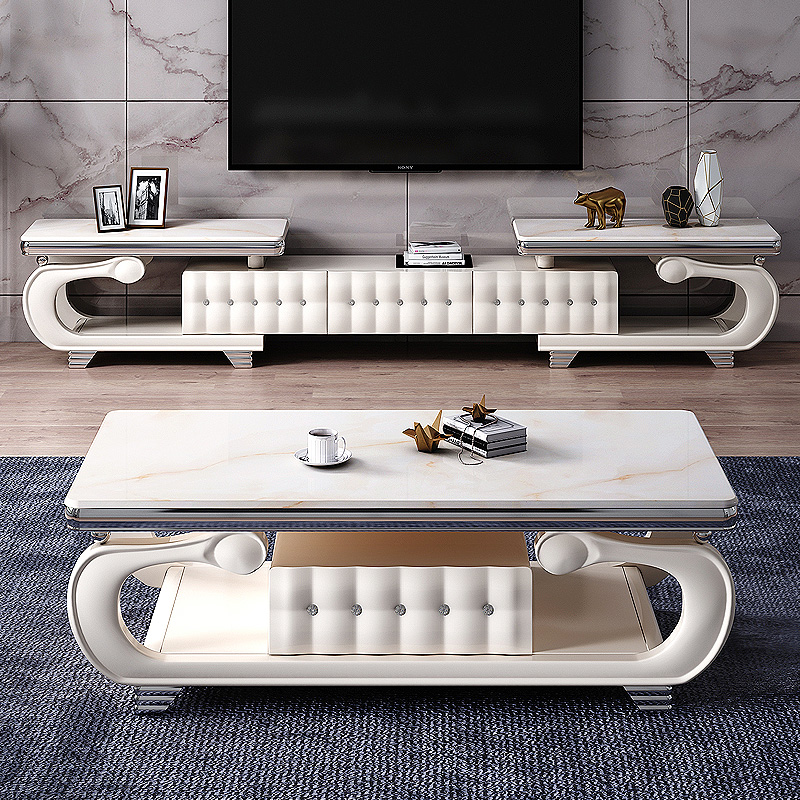 Simple Euroboard TV Cabinet Tea Table Combination Suit Modern Minima Marble Living-room Size Family Type Telescopic New