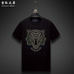 Tiger head men's short-sleeved T-shirt men's hot diamond laser mercerized cotton men's 2024 new European and American fashion brand half-sleeved men