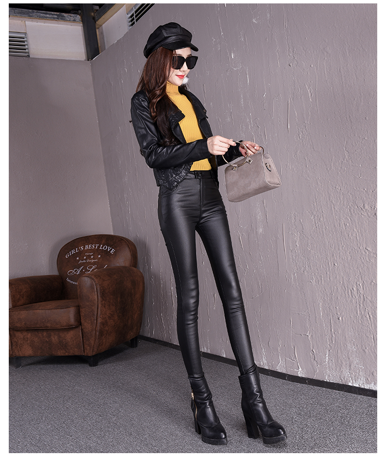 Quần da bó sát mới mùa xuân và mùa thu hoang dã eo cao đã mỏng bên ngoài mặc quần legging thun mờ chân quần nữ quần kaki nữ