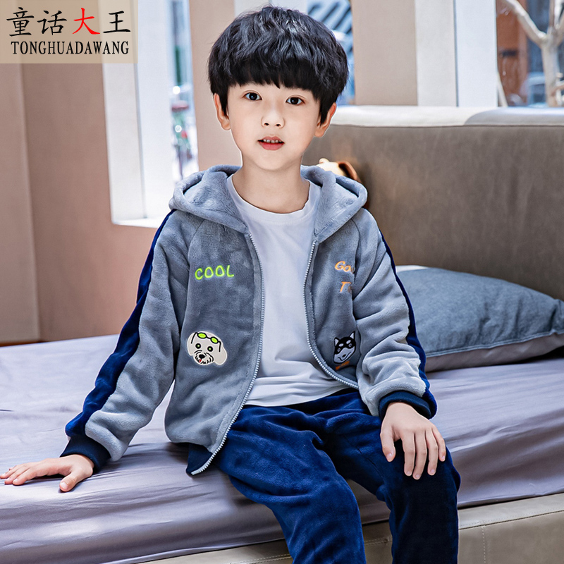 Boy autumn and winter baby coral velvet boy home clothing children flannel children thick pajama pants set Winter