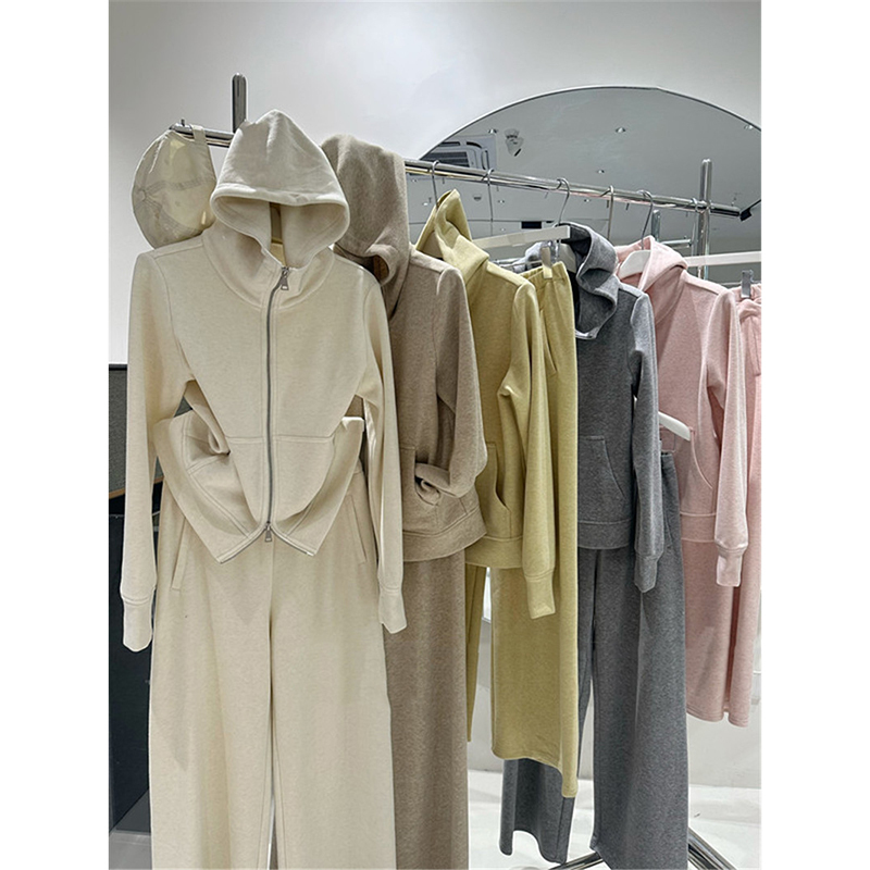 Korean Style Gentle and Soft Milky Apricot Color Thickened Set ~ Minimalist yet Textured Sweatshirt Hoodie + Long Wide-Leg Pants