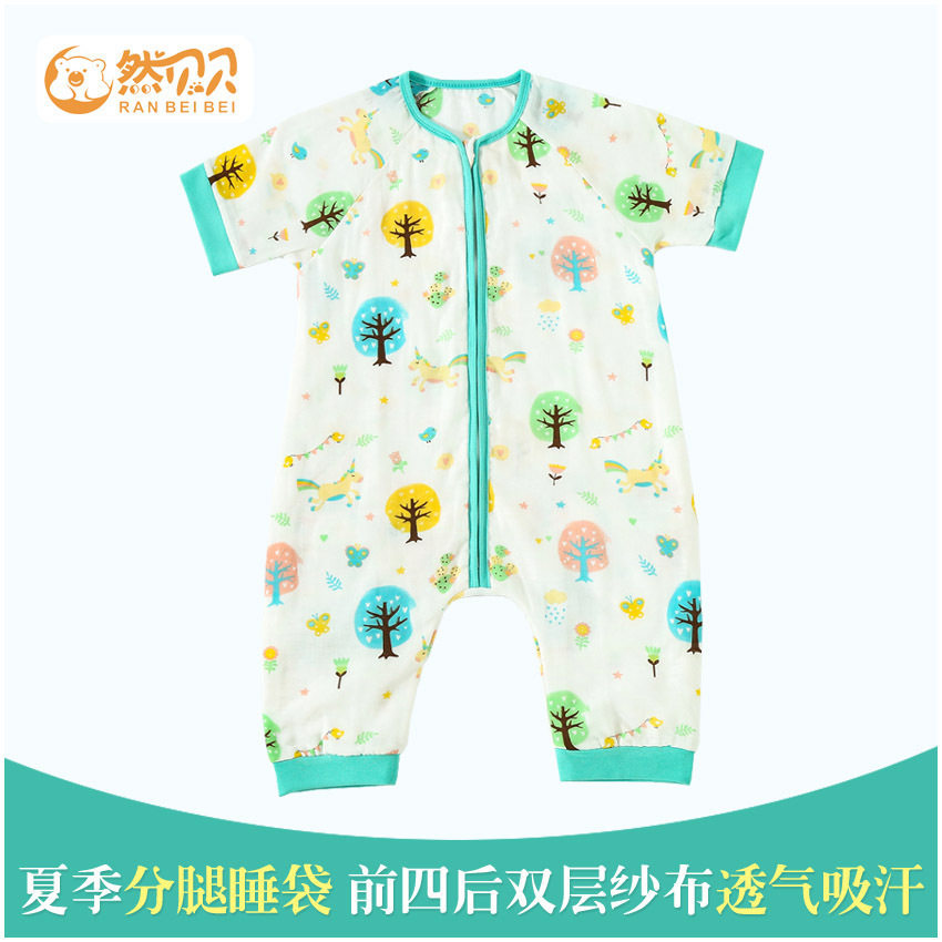 Zhan Abebe Summer Baby Pure Cotton Cloth Sleeping Bag Baby Boy Full Cotton Thin with sleeves Legs Anti Kick by Chunxia