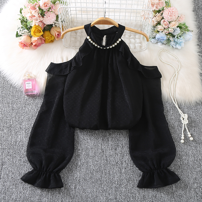 Gentle Style Chiffon Top for Women, Long-Sleeved, with a Clever Cut-Out Design, Off-Shoulder, Beaded Halter Neck Shirt, 2025 New Spring Collection