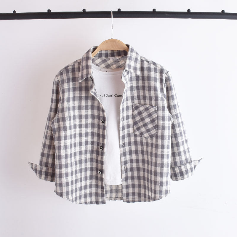 Child Cotton Linen Shirt Boy Long Sleeve Shirt Plaid Blouse Blouse Spring Autumn New 2022 Baby Ocean Dress Jacket
