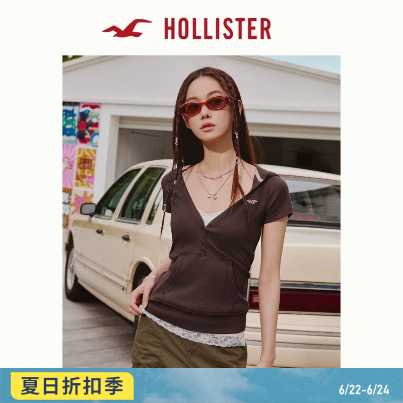 Hollister Small Seagull Pattern Slim Fit Henry Collar Short-Sleeved Hooded T-Shirt 26 Summer New Women's Clothing 339-6277 Hollister Small Seagull Pattern Slim Fit Henry Collar Short-Sleeved Hooded T-Shirt 26 Summer New Women's Clothing 339-6277