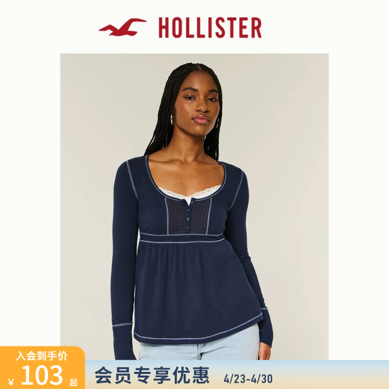 Hollister American Style 25 Autumn and Winter Henry Collar Babydoll Long-Sleeved Inner T-Shirt Women's Clothing 339-5291