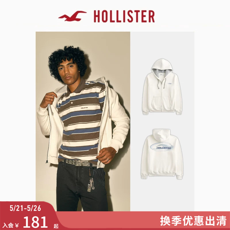 Hollister Small Seagull Pattern Fleece Hooded Jacket White Sweatshirt 26 Spring Men's Clothing 322-6080